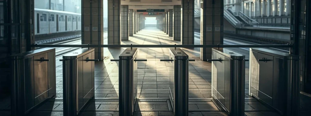 This is a photograph of an empty public space in the early morning, just before it is used, showing subway turnstiles and automated one-way or bidirectional gates, which are used in transit systems.