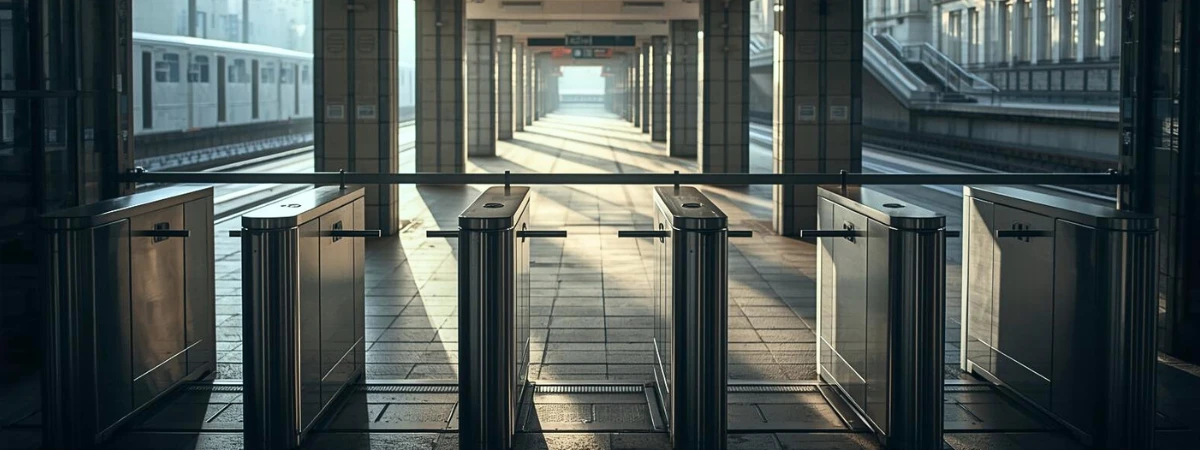 This is a photograph of an empty public space in the early morning, just before it is used, showing subway turnstiles and automated one-way or bidirectional gates, which are used in transit systems.