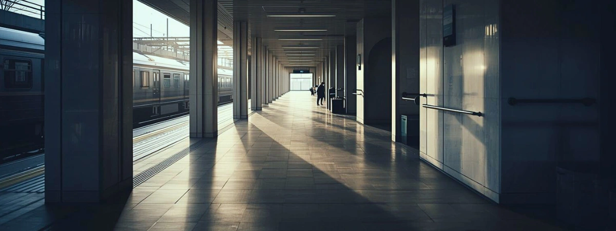 A photograph of an empty public space early in the morning of a train platform with soft natural light, long shadows, and clear lines.