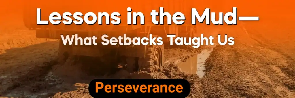 A brick-delivery truck stuck in the Ugandan mud — a vivid image of the real setbacks faced during school construction and a symbol of Baino Social Impact’s resilience, where every obstacle becomes a lesson in perseverance and hope.