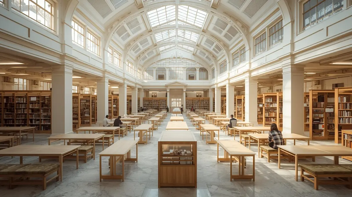 A light-filled public learning space designed for shared study, with books, desks, and orderly structure, expressing literacy as a long-term public environment rather than an event.