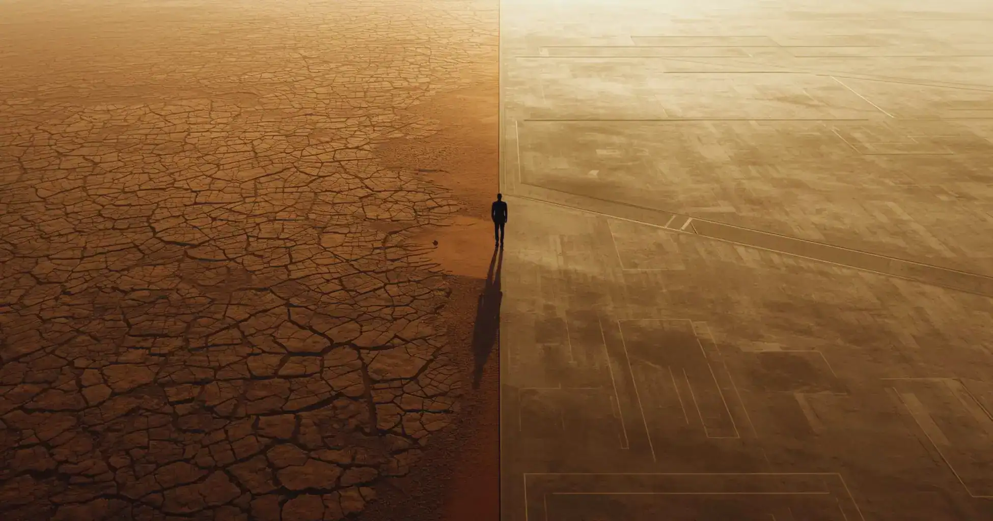 Minimalist scene with contrasting earth textures meeting at a clear boundary, where a solitary figure stands facing the structured side, symbolising the shift from raw resilience to intentional systems.