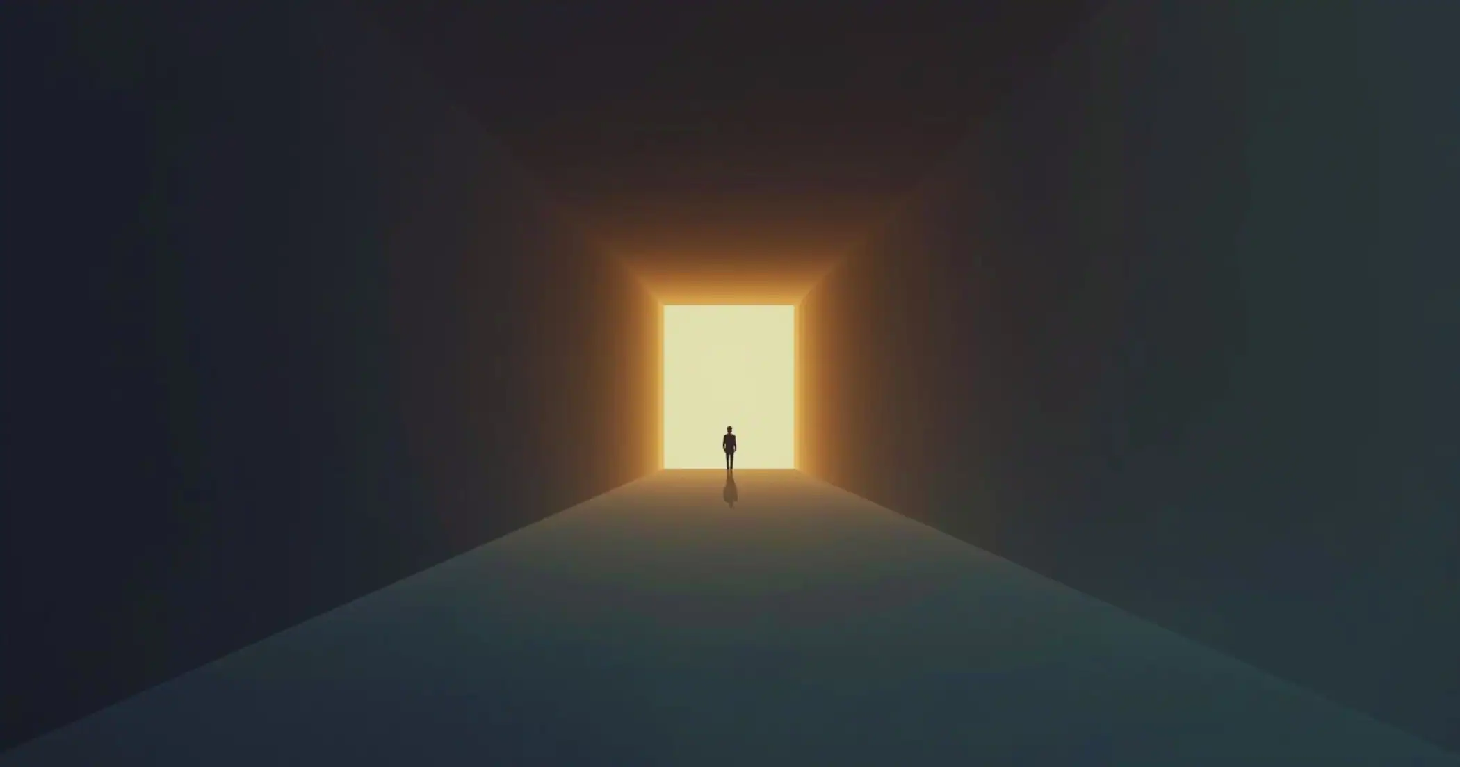 Minimalist corridor receding from shadow into soft light, with a small figure near the bright opening, symbolising clarity emerging from early-life resilience.