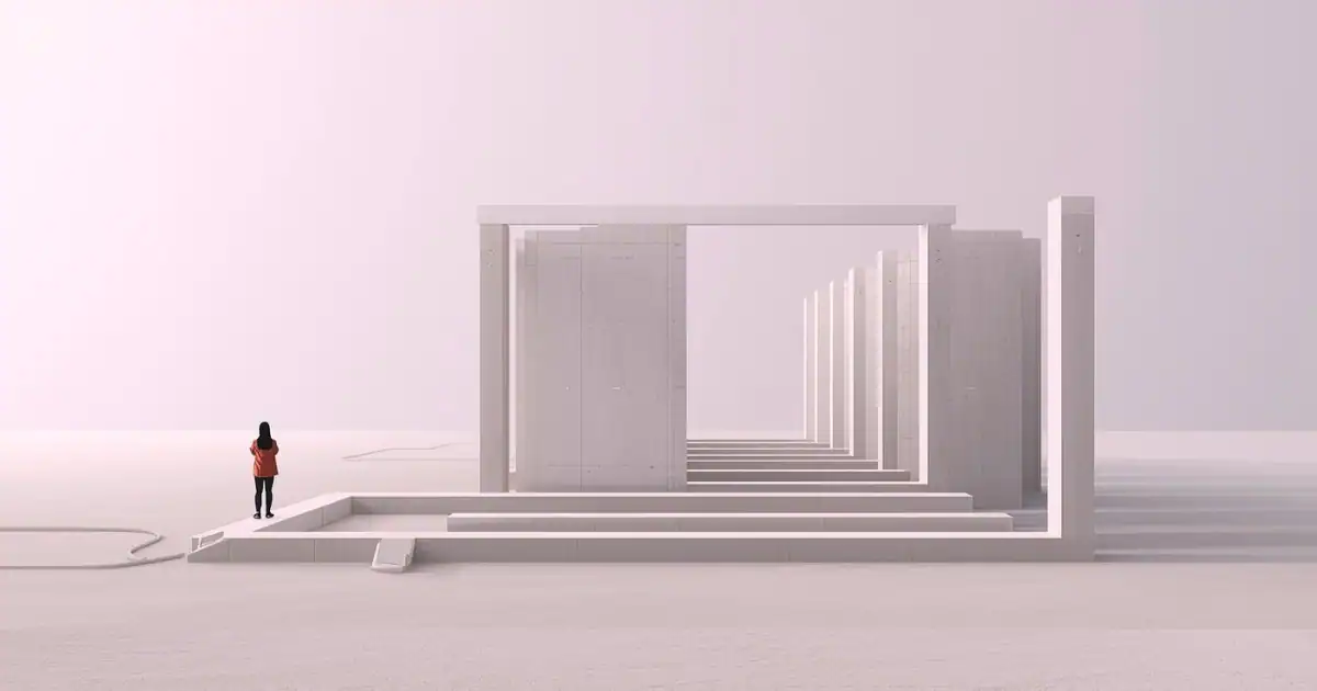 Unfinished architectural foundation made of geometric pillars and beams, observed by a small solitary figure, symbolising the limits of individual effort in early nonprofit work.