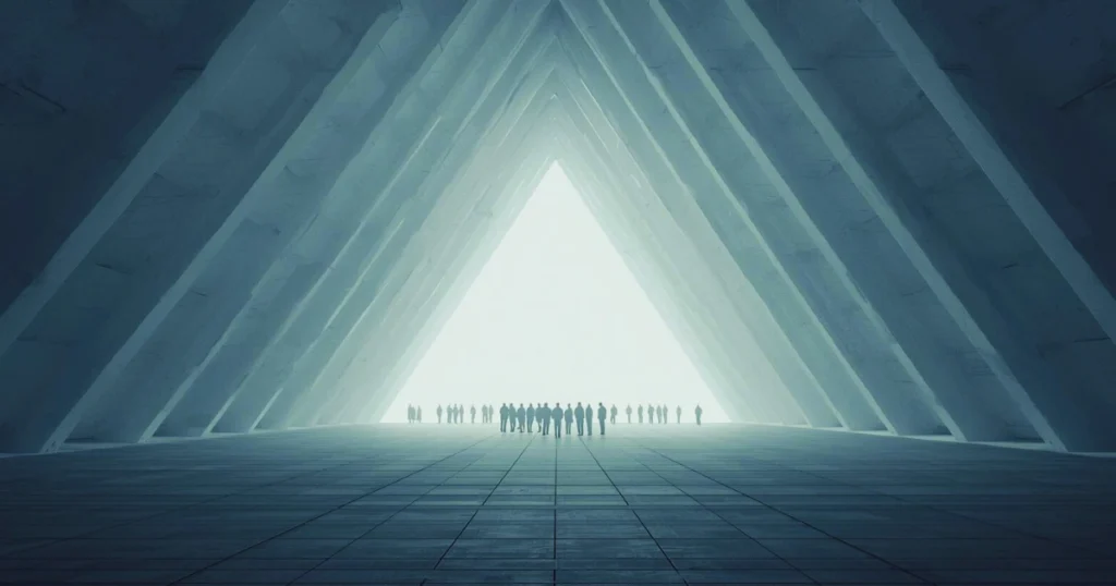 Interlocking geometric pillars converging toward a distant horizon with small silhouettes positioned within the structure, symbolising collective responsibility and systems that endure beyond one individual.