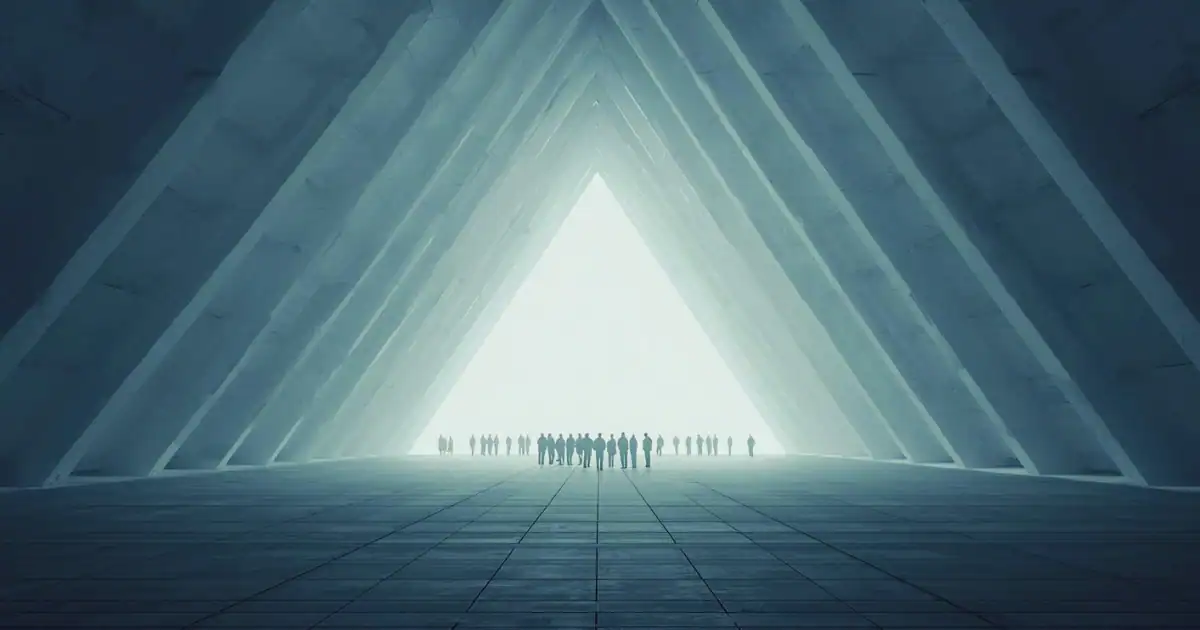 Interlocking geometric pillars converging toward a distant horizon with small silhouettes positioned within the structure, symbolising collective responsibility and systems that endure beyond one individual.