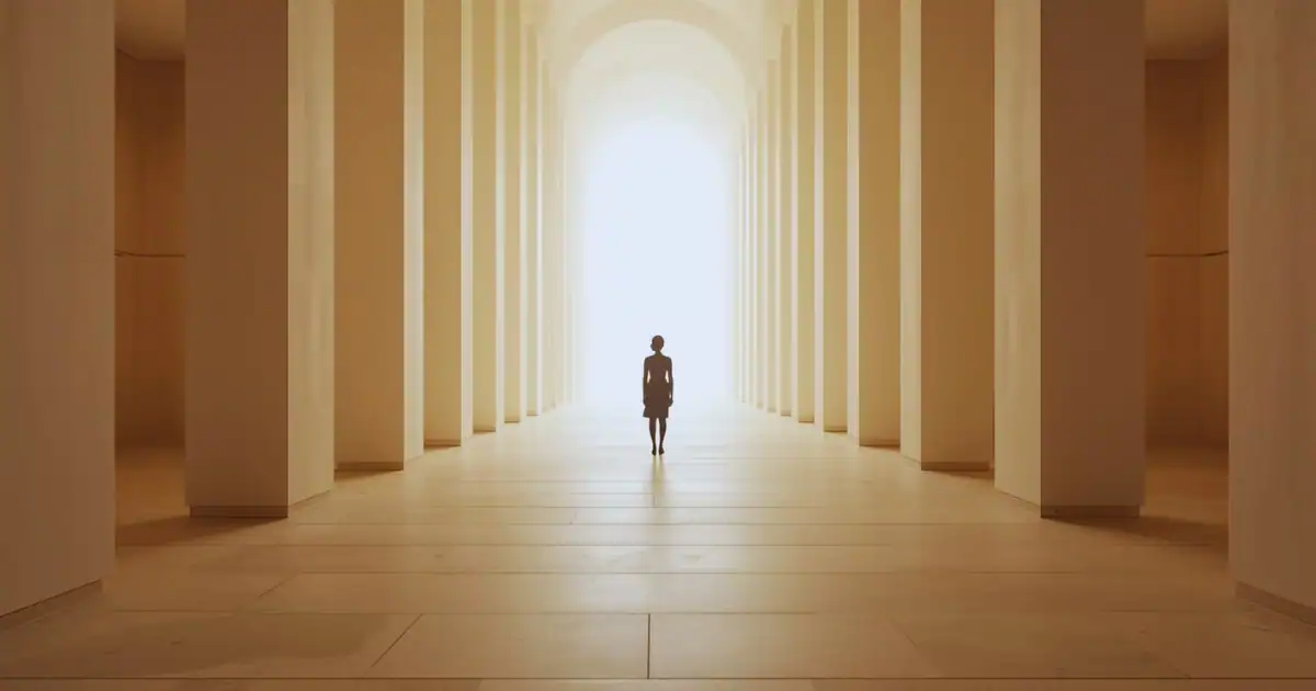 Symmetrical minimalist interior with tall pillars leading toward a glowing opening, where a lone figure stands facing the light, representing the realisation that literacy is intentionally built and protected.