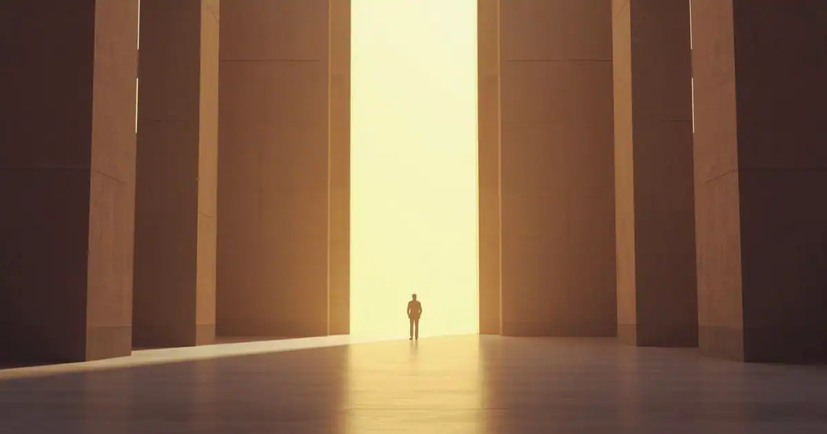 Quiet interior bathed in soft golden light from tall windows, with a small figure standing at the threshold, symbolising literacy as a public inheritance made intentionally accessible to all.