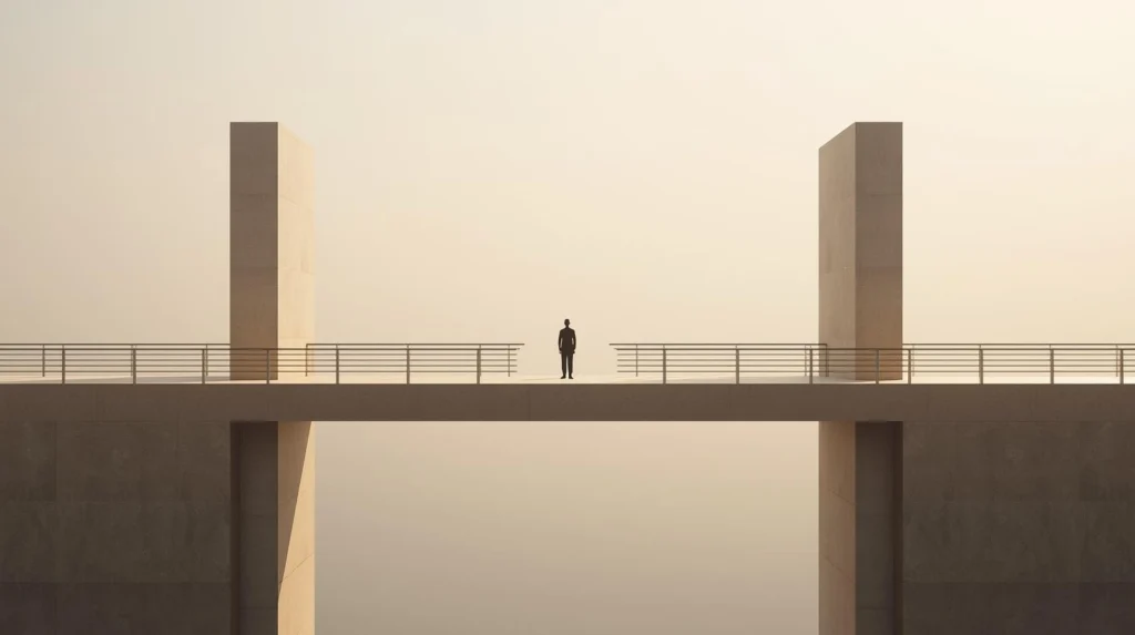 Minimalist bridge supported by two large pillars with clean guardrails, and a solitary figure at the centre, symbolising two worlds converging into a unified, intentional purpose.