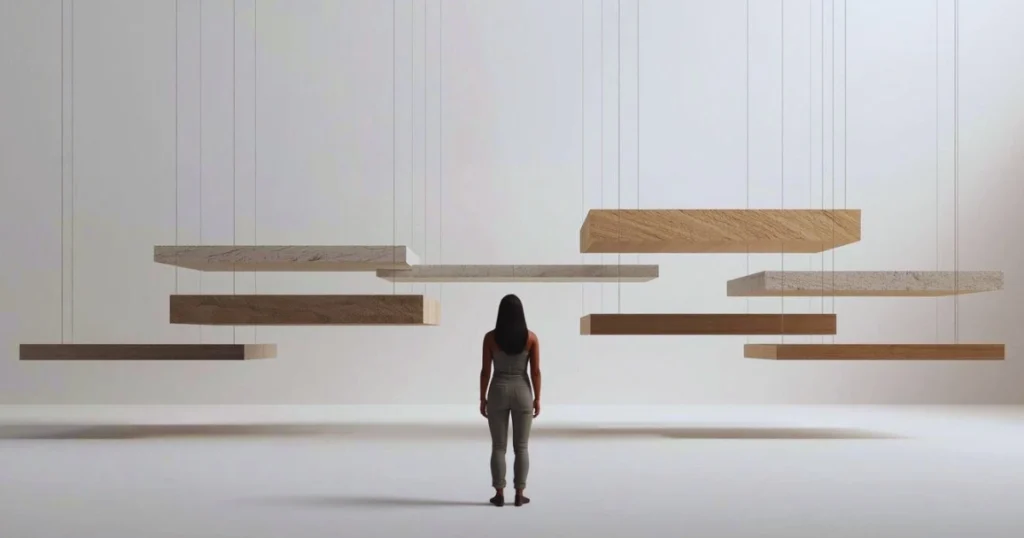 Floating horizontal beams of different materials arranged in a calm open space, observed by a lone figure, symbolising a future built from virtues such as dignity, literacy, and structure.