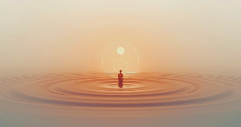 Soft concentric ripples of light radiating outward from a central silhouette facing a glowing circular form, symbolising quiet virtues expanding into collective impact.