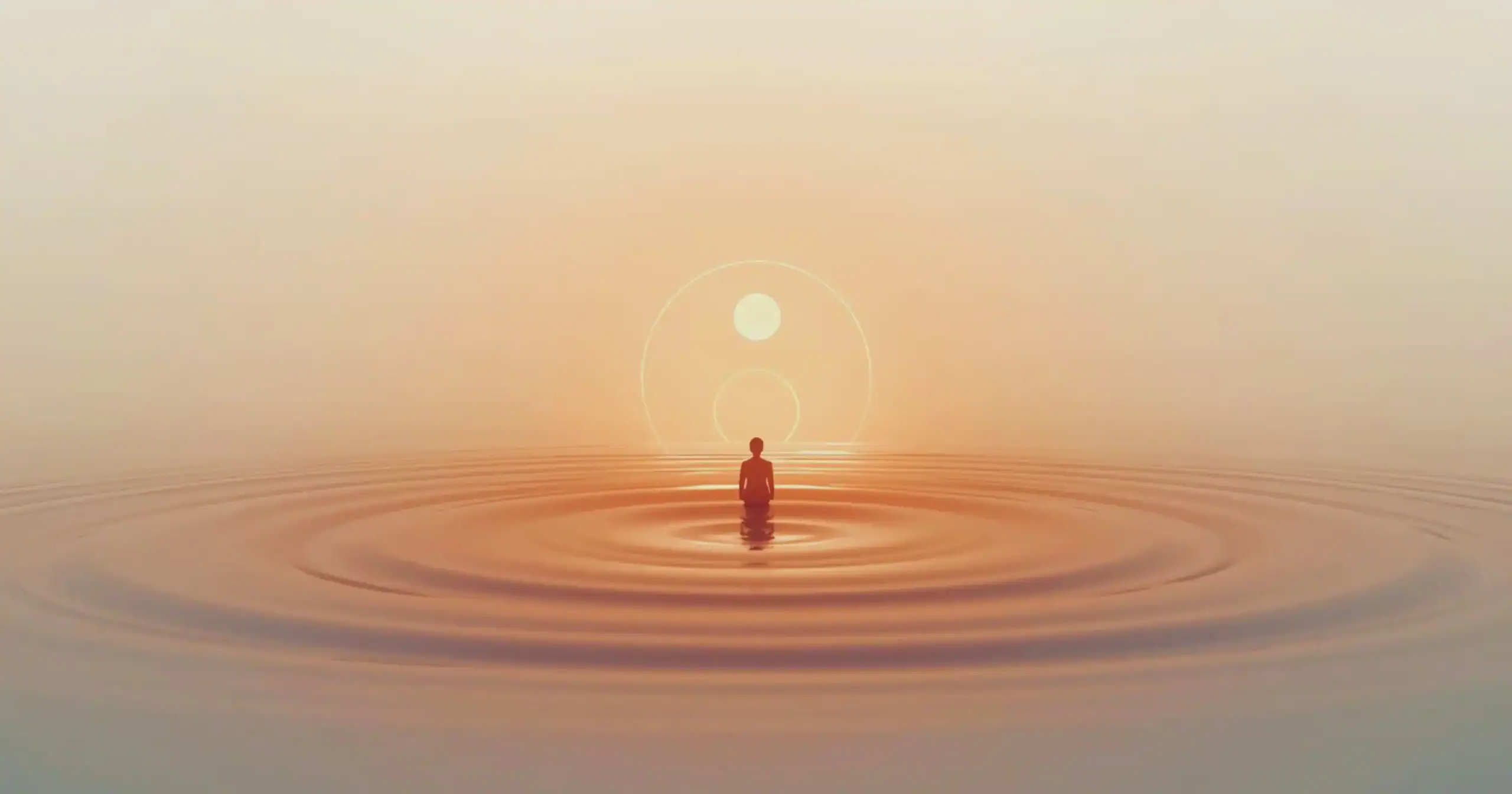 Soft concentric ripples of light radiating outward from a central silhouette facing a glowing circular form, symbolising quiet virtues expanding into collective impact.