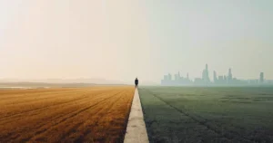 Minimalist cinematic landscape with a lone figure standing at the boundary between a rural open field and a structured urban skyline, symbolising a worldview shaped by two distinct worlds.