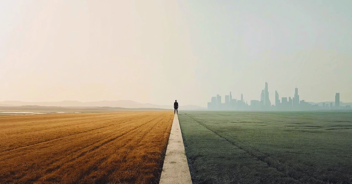 Minimalist cinematic landscape with a lone figure standing at the boundary between a rural open field and a structured urban skyline, symbolising a worldview shaped by two distinct worlds.