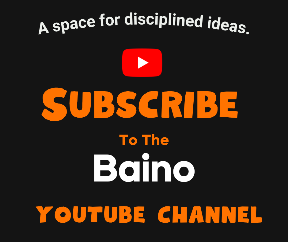 Minimalist Baino-style graphic inviting viewers to subscribe to the YouTube channel — a space for disciplined ideas, literacy, and intentional structures that shape lasting progress.