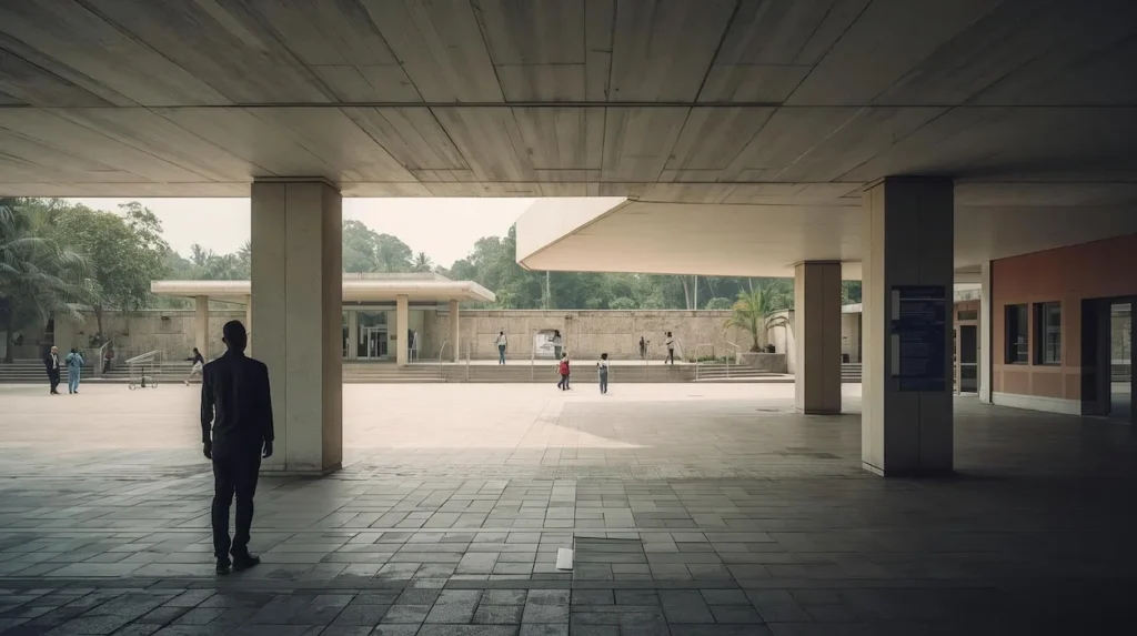 An open courtyard within a structured public building, showing people moving through a space designed for everyday use and continuity.