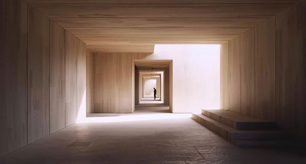Minimalist architectural corridor with clean geometric forms, softly lit from the center, extending into the distance with a small, distant human silhouette facing away.
