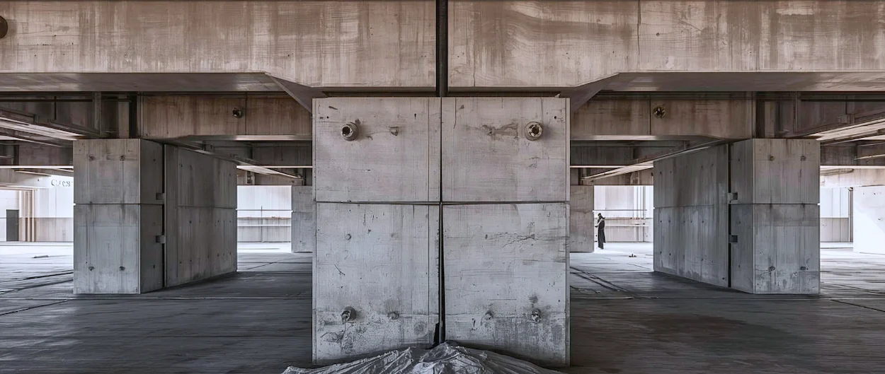 Close architectural view of a load-bearing concrete joint supporting overhead beams, emphasizing structural capacity, weight distribution, and engineered endurance.