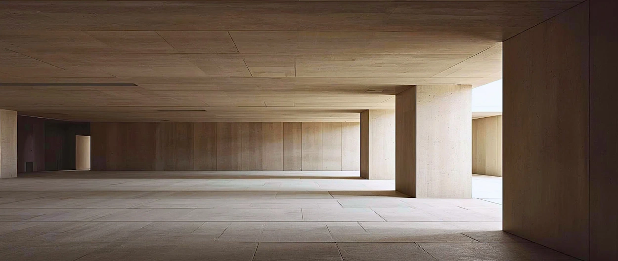 Wide architectural interior with minimal columns and open negative space, emphasizing stillness, balance, and deliberate structural restraint.