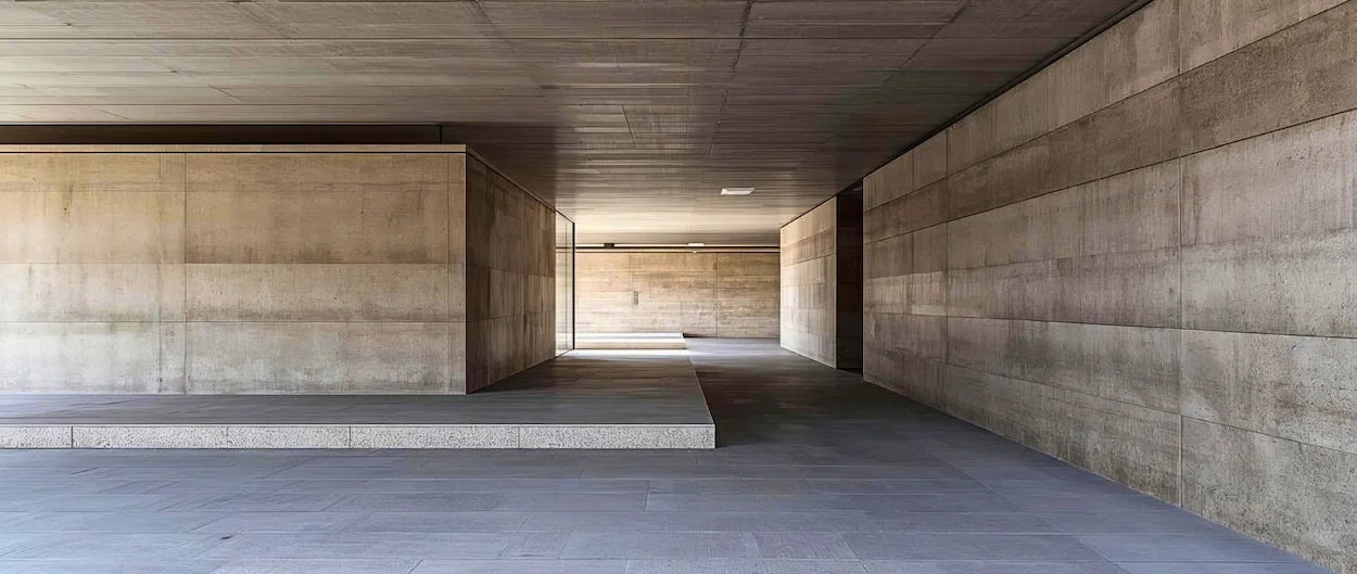 Architectural passageway formed by horizontal concrete walls and pillars, emphasizing structure, containment, and disciplined continuity within an institutional environment.