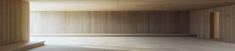 A minimalist architectural interior with long linear corridors and open structural frames, softly lit by natural light, showing a calm, continuous, and undisturbed spatial structure.