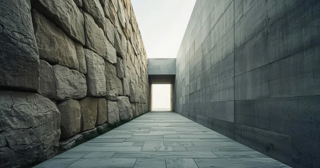 Monumental corridor where ancient rough stone architecture meets precise modern structure, symbolizing the meeting of two worlds in Baino Social Impact’s founder story.