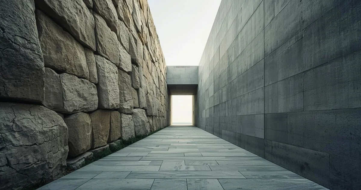 Monumental corridor where ancient rough stone architecture meets precise modern structure, symbolizing the meeting of two worlds in Baino Social Impact’s founder story.