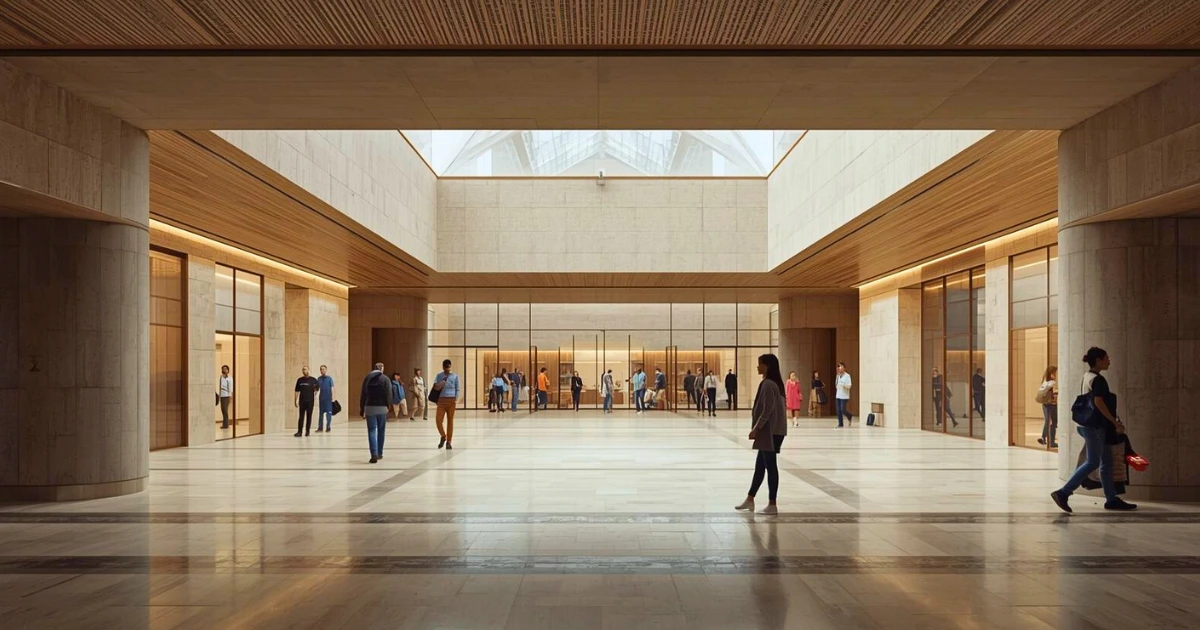 A calm public interior designed for shared use, viewed at eye level, expressing dignity and equal worth through balanced space rather than hierarchy or spectacle.