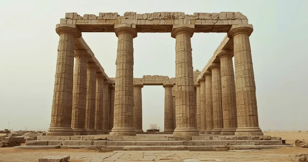 Massive weathered stone columns standing alone in an open landscape with no connecting structure, symbolizing resilience without systems in Baino Social Impact’s founder story.