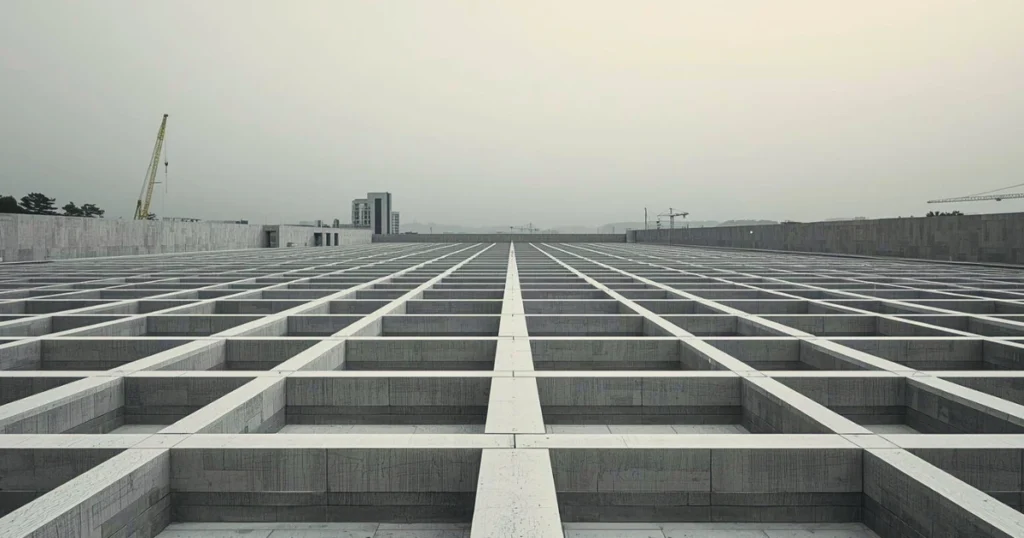 Stone foundation grid forming a precise architectural framework under construction, representing the decision to build systems in Baino Social Impact’s founder story.