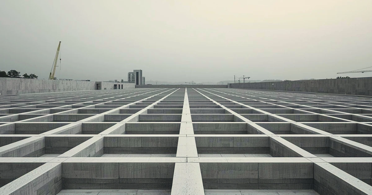 Stone foundation grid forming a precise architectural framework under construction, representing the decision to build systems in Baino Social Impact’s founder story.