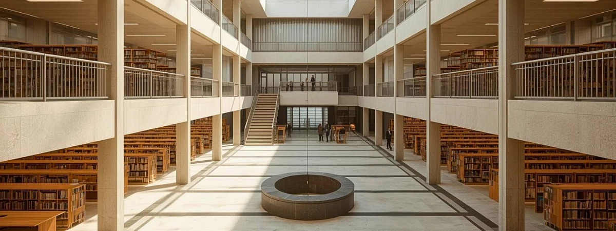 A restrained public space suggesting continuity and shared responsibility through calm architectural order.