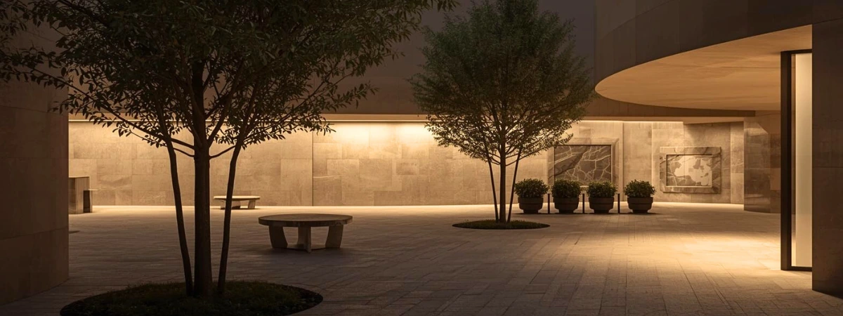 A shared public space with human-scale proportions and restrained design, suggesting dignity without hierarchy.