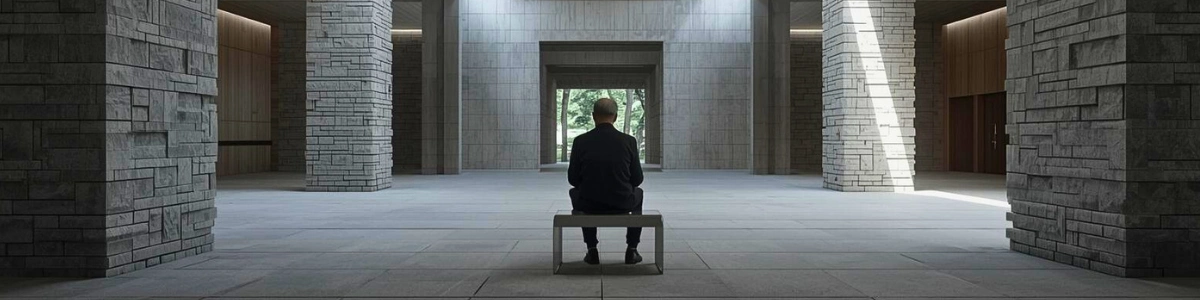 A single person reading in a calm, architecturally designed public space.