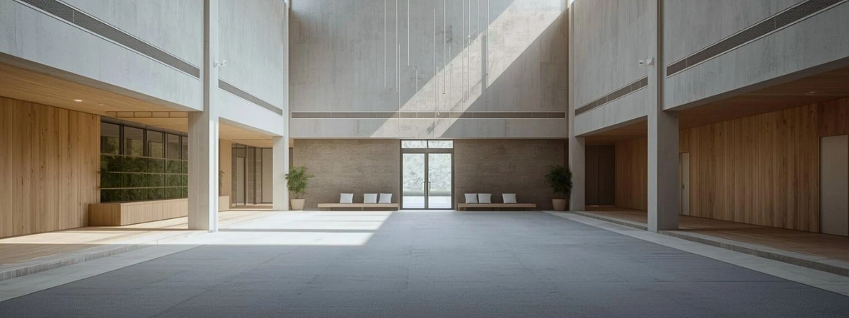 A breathable public interior with open sightlines and restrained design, suggesting openness and low-friction engagement.