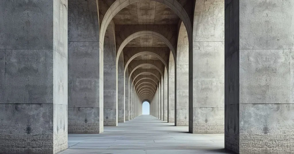 Repeating stone arches fading into the distance with gradual aging in the stone, representing generational continuity in Baino Social Impact’s founder story.