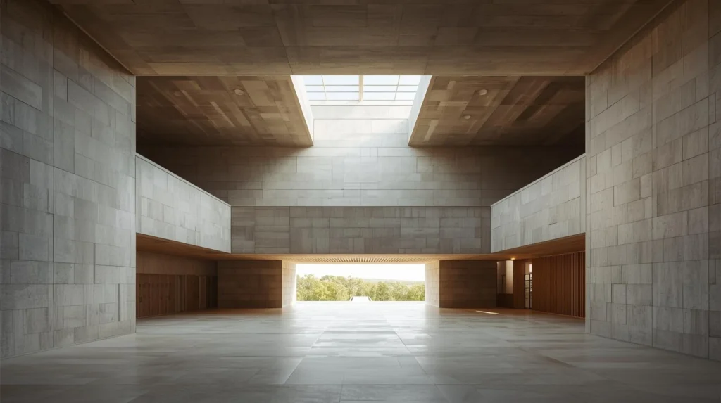 A calm, monumental interior space built from stone and wood, shaped by light and proportion, designed to endure over time, suggesting systems of learning, dignity, discipline, and shared human progress beyond individual presence.