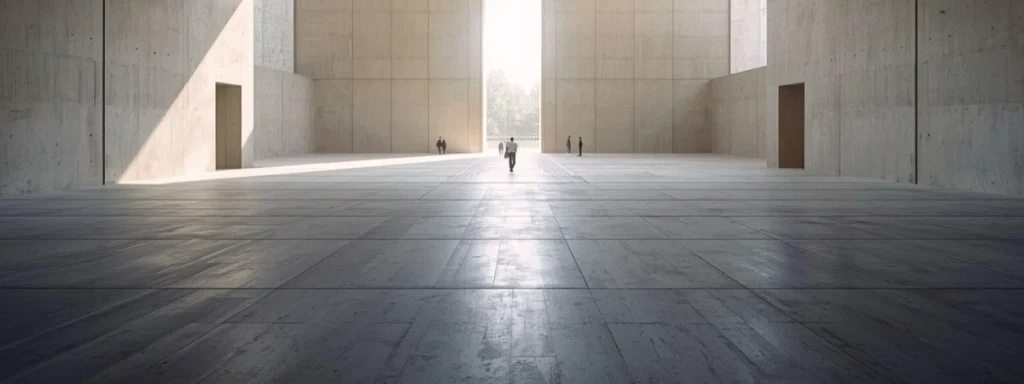 Small human figures moving within a durable shared structure, emphasizing human participation in systems that endure beyond any single individual.