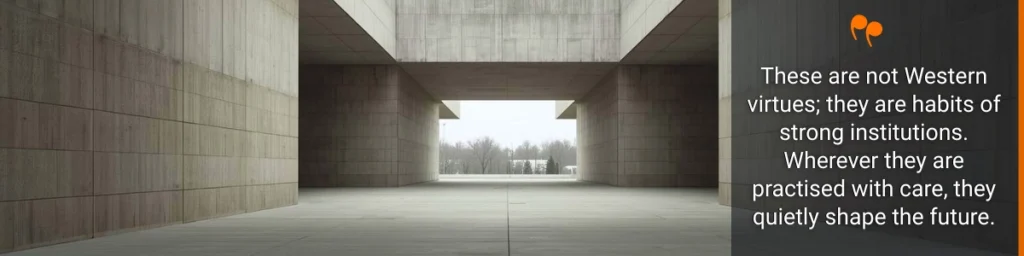 A calm and enduring architectural space, designed to outlast the presence of individuals, which expresses shared systems of dignity and discipline. It features a written quote.  