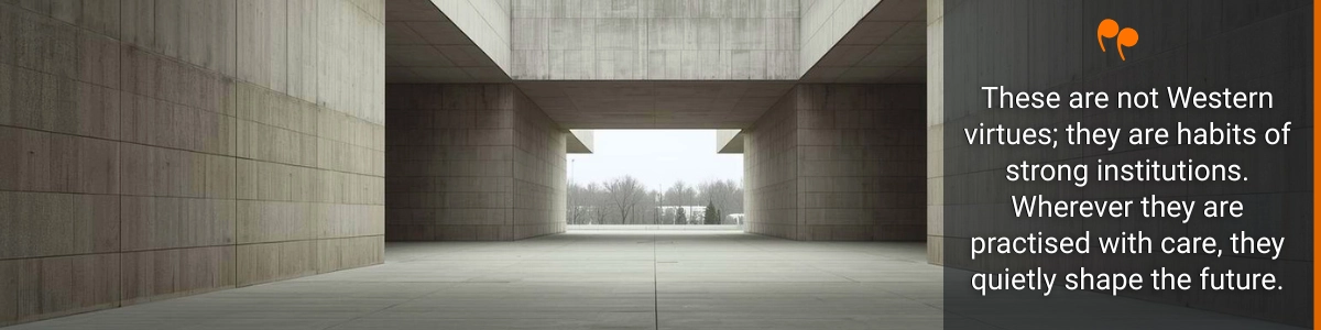 A calm and enduring architectural space, designed to outlast the presence of individuals, which expresses shared systems of dignity and discipline. It features a written quote. 