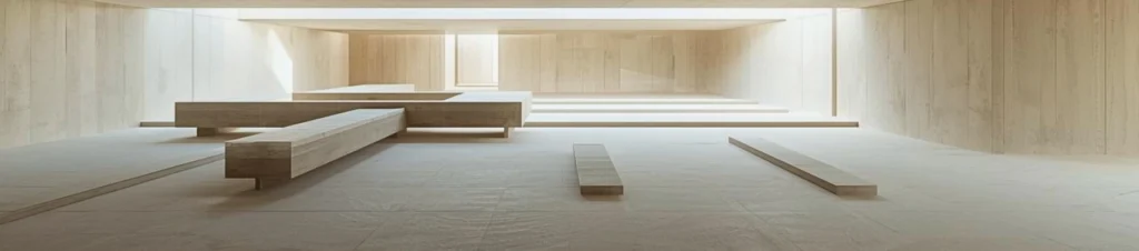 A minimalist architectural interior with evenly spaced structural planes and soft natural light, showing a calm, continuous space with subtly distributed visual balance.