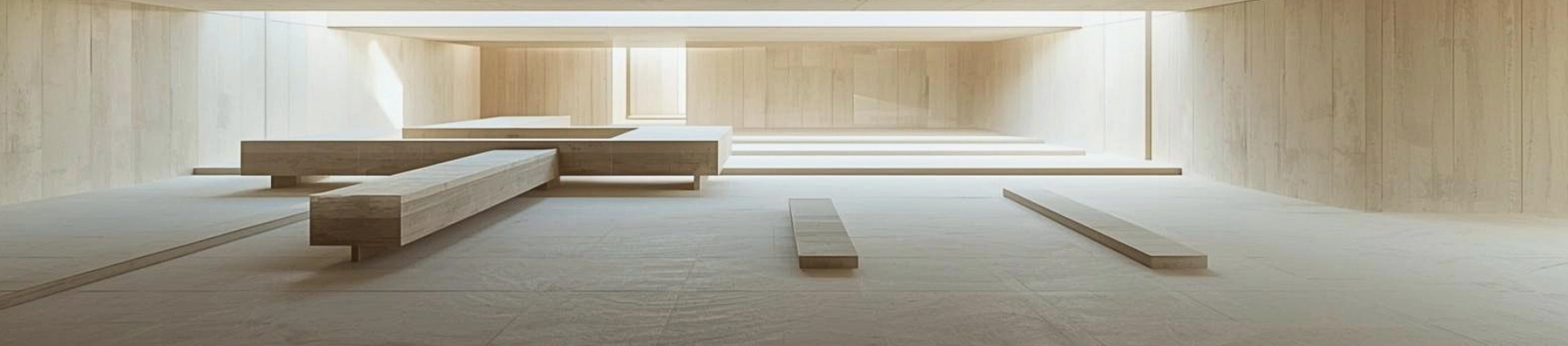A minimalist architectural interior with evenly spaced structural planes and soft natural light, showing a calm, continuous space with subtly distributed visual balance.