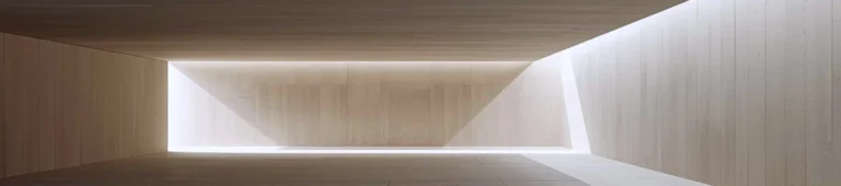 A minimalist architectural interior with linear structure and open depth, softly lit by uneven natural light, showing a calm space with subtly variable and unsettled environmental conditions.