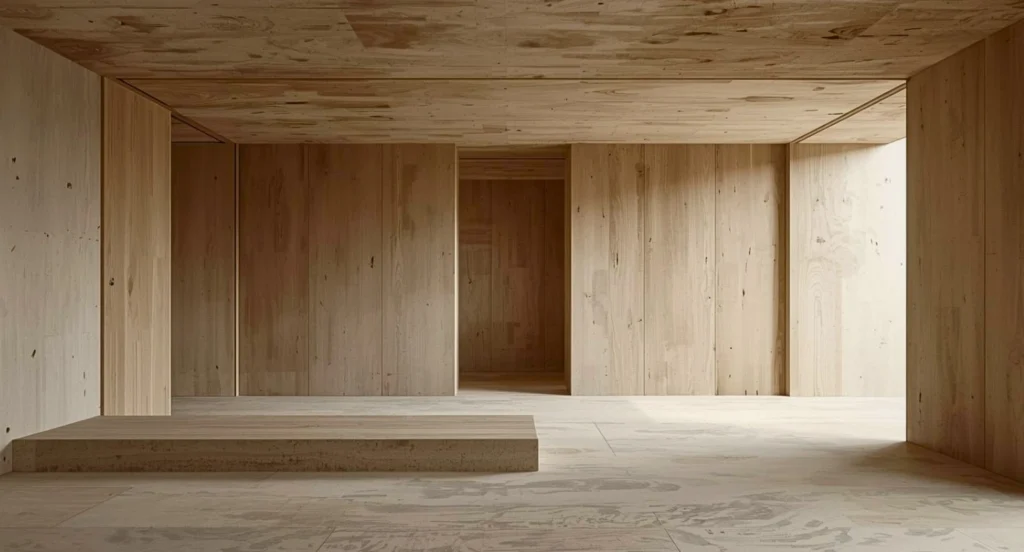 Minimal architectural interior with grounded surfaces and soft natural light, showing slight material variation and subtle imperfections, creating a calm, unresolved space that feels real without visible signs of use or activity.