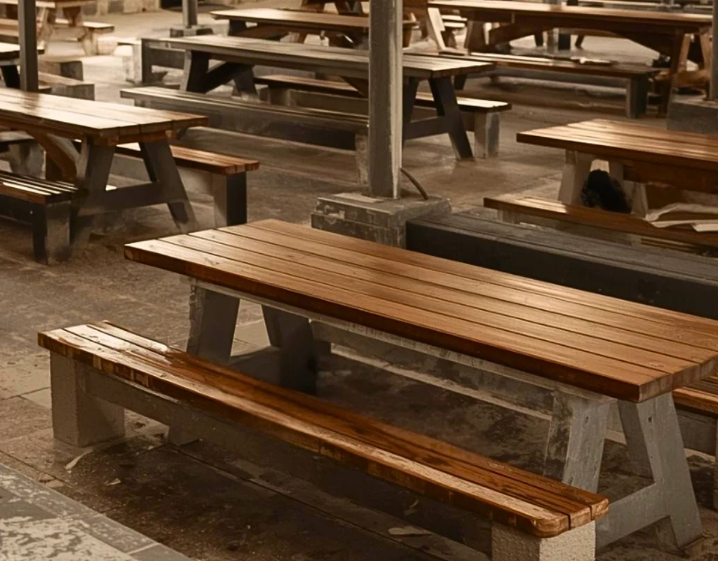 Repetitive wooden seating arranged in quiet alignment, showing subtle surface wear and slight variation, suggesting a shared structure shaped gradually through consistent use over time.