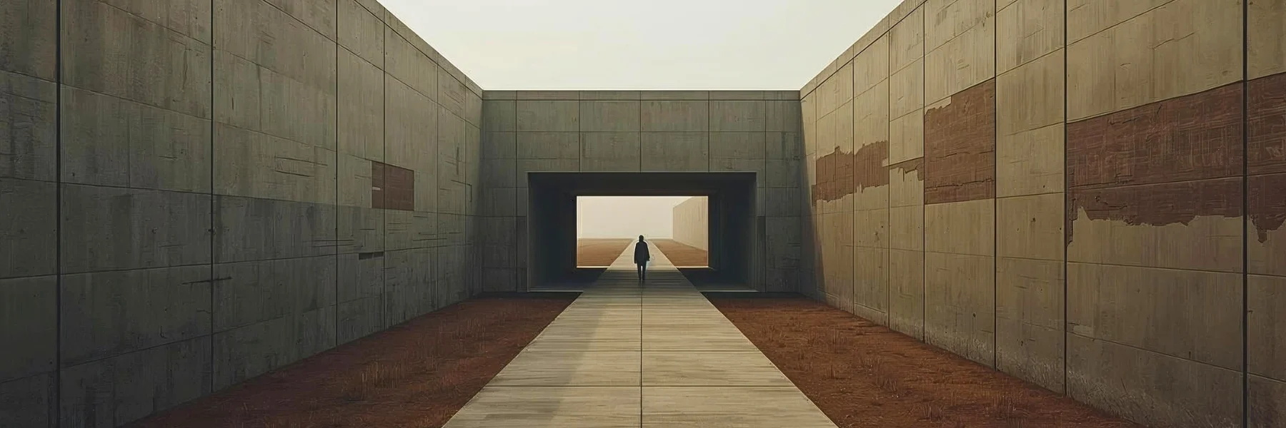 Minimal walkway extending into open space with soft natural light and subtle surface textures, suggesting a quiet transition between states and a grounded, unfolding environment.