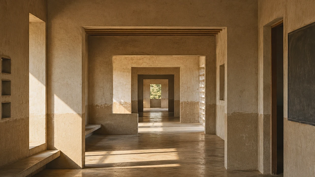 Minimal interconnected architectural interior with repeating thresholds, soft natural light, and subtle signs of shared use, expressing continuity, collective rhythm, and the stable conditions that allow learning to endure across communities.