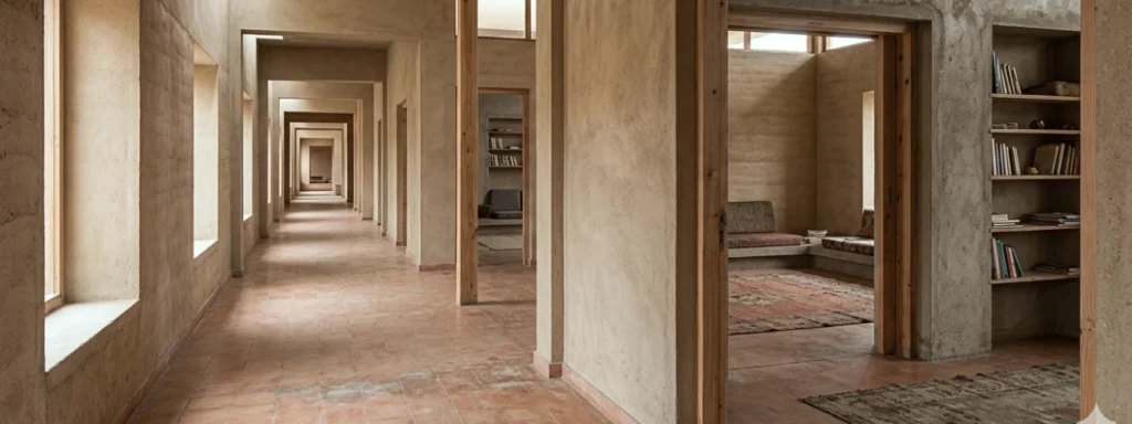 interconnected architectural interior with repeating thresholds, vet signs of shared use, expressing continuity, collective rhythm, and the stable conditions that allow learning to endure across communities.