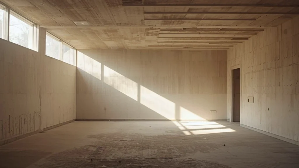 Minimal architectural interior with soft diagonal natural light, subtle surface texture, and calm spatial continuity expressing stability, rhythm, and sustained attention.
