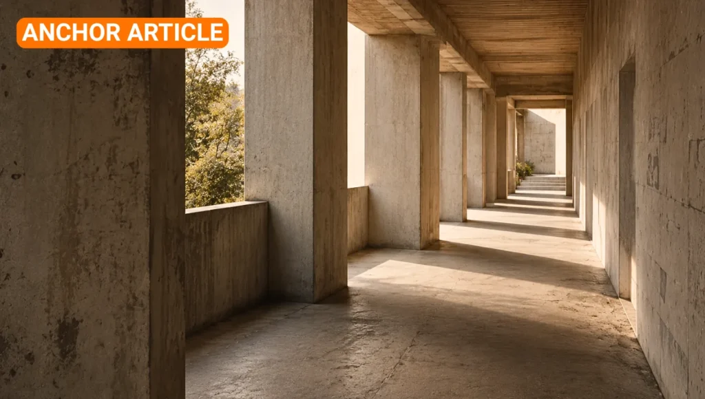 Long architectural corridor with layered concrete thresholds, soft natural light, and subtle signs of prolonged use, creating a sense of directional continuity and movement through structured space.